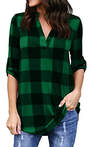 Angashion Women's Casual Plaid V Neck Roll Up Sleeve Loose Boyfriend Tops Blouse Shirt Green S