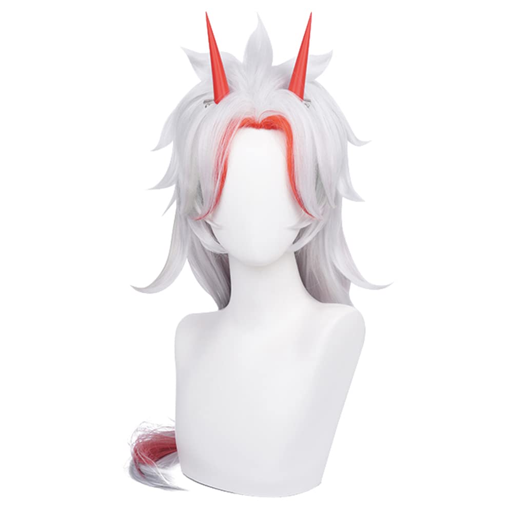 Silver White Wig Mix Red Long Straight with Horn Bangs Heat Resistant Synthetic Hairs Costume for Women Men Halloween Cos Anime Party Replacement Wigs — image 1