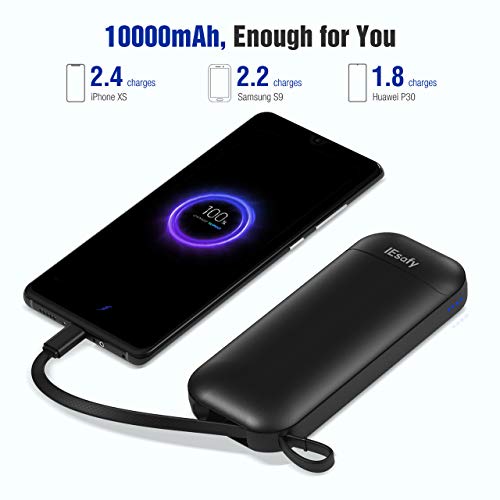 IEsafy 10,000mAh Power Bank with Built-in Micro USB Cable, Ultra-slim Compact Portable Charger Compatible with iPhone, iPad, Airpods, Samsung, Huawei and More-Black