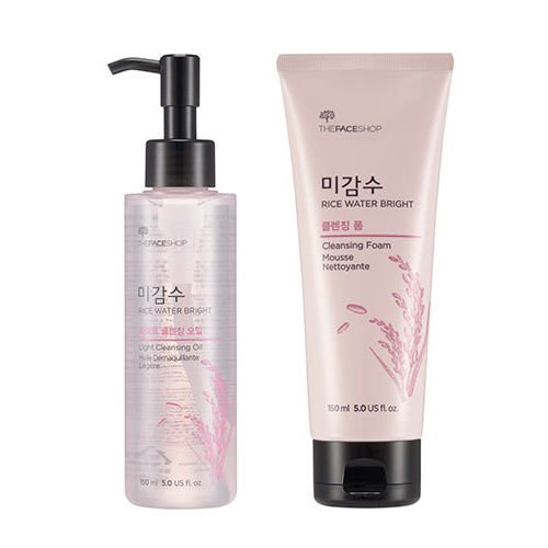 [The Face Shop] Rice Water Bright Cleansing Oil + Foam Set Bundle with Oil Blotting Paper - Korean Face Cleanser Wash for Pores Sensitive Oily Acne Skin