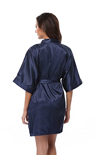 Feelia Women's Satin Kimono Robe Short Bathrobe For Wedding Party, Solid Color, Short, Dark Blue,S