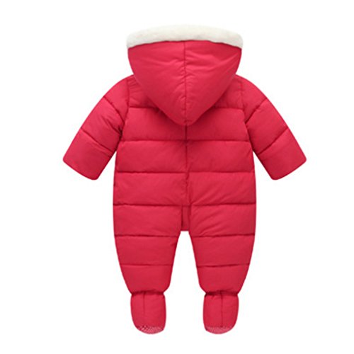 Baby Winter Fur Trim Hooded Down Snowsuit Footie Romper Puffer Jacket Jumpsuit Red Size 90(0-6Months) - Thumbnail 2