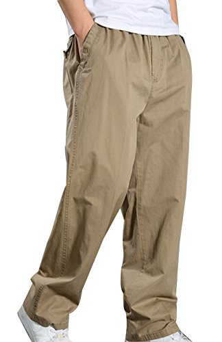 YangguTownMen's Twill Loose Fit Lightweight Drawstring Full Elastic Waist Pull On Cargo Pants