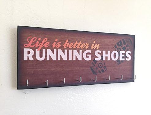 Race Medal Holder / Running Medal Hanger - LIFE IS BETTER IN RUNNING SHOES (flame). Wood Wall Mounted Medal Organizer