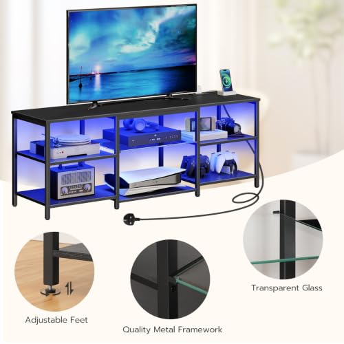 HOOBRO 3 Tier TV Table with LED Lights for 32-65 inch TV, 140cm Black TV Units with Power Outlet, Gaming TV Entertainment Center with Open Shelves for Living Room,Bedroom EBB20KDDS01