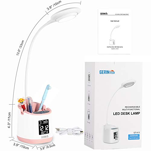 Gerintech LED Desk Lamp with Clock, Battery Operated Table Lamp with Pen Holder for Kids Dorm