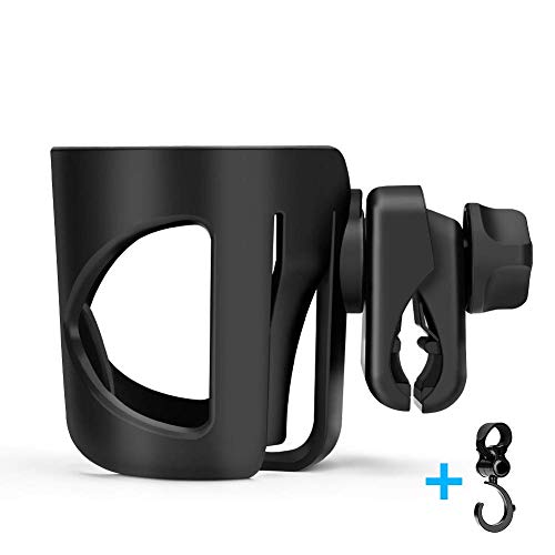 Eletorot Baby Stroller Cup Holder, Universal Drink and Coffee Cup Holder, ABS Adjustable Bottle Organizer with 1 Hooks for Stroller, Baby Buggy, Pushchair, Wheelchair, Bike, Motorcycle(Black)