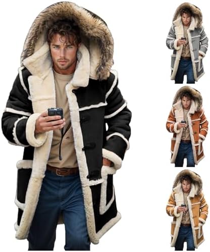 SWJGLITTR Men's Moto Winter Leather Jacket Retro PUnk Lapel Sherpa