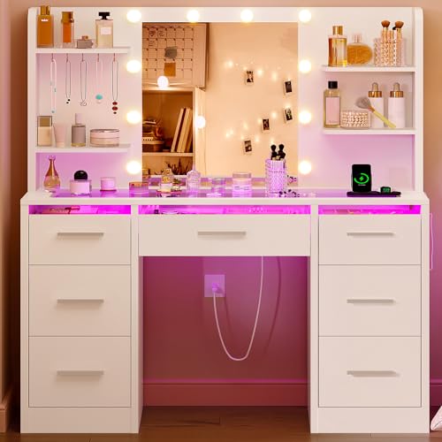TEENFON Vanity Desk with Mirror and Lights, Makeup Vanity with Glass Top, RGB Lighted Drawers and Power Outlet, Dressing Table with 7 Drawers, 4 Shelves and 5 Jewel Hooks, Bedroom, White