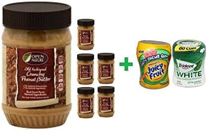 Open Nature Peanut Butter Old Fashioned Crunchy - 16 Oz (6 PACK)+ Fruity Chews Gum Watermelon 1/60 Count + Trident Go Cup Spearmint 1/60 Count (BUNDLE)