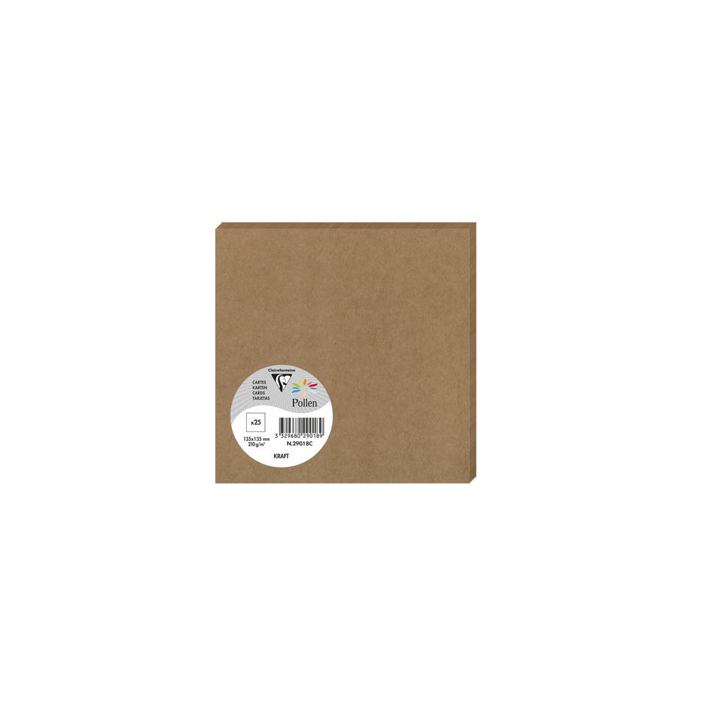 Clairefontaine 29018C Kraft Paper Pack of 25 Plain Cards Square (13.5x13.5cm) 210gsm Kraft Colour Invitation Events Correspondence Pollen Range Premium Paper