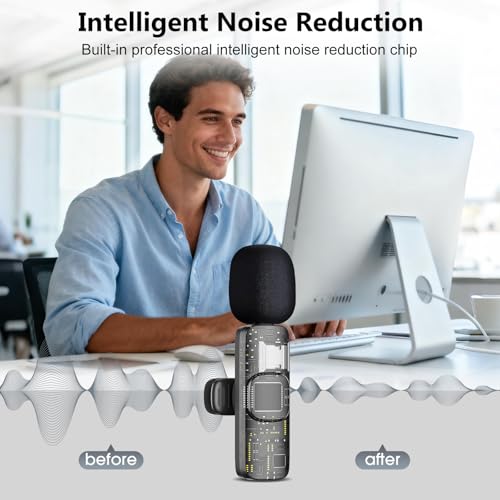 Wireless Lavalier Microphone for iPhone/Android/Camera/Computer - 4 in 1 Clip-on Microphone with Noise Reduction for Outdoor Vlogging, Interview, TikTok, Live Streaming,Video Recording