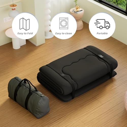 Kiseely Portable Folding Futon Mattress, Tatami Folding Japanese Sleeping Mattress, Portable Sleeping Mat for Dorm with Bag and Strap, Roll Up Camping Floor Mattress (Black HY1, 150 x 200 cm)