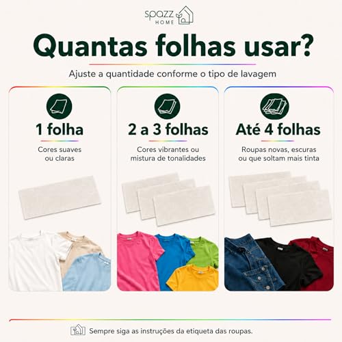 Spazz Home Lenços Antimanchas, 40 Folhas Grandes 28 x 11 cm, Proteção Contra Transferência de Cor, Ajuda a Evitar Manchas na Lavagem, Para Roupas Claras, Escuras e Coloridas