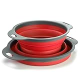TANSUNG Collapsible Colander, Folding Kitchen Strainer with Handle for Pasta, Fruits, Potato, Meat,Vegetable, Dishwasher Safe, Red