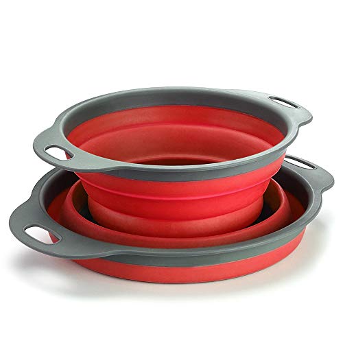 TANSUNG Collapsible Colander, Folding Kitchen Strainer with Handle for Pasta, Fruits, Potato, Meat,Vegetable, Dishwasher Safe, Red