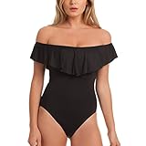 Womens Cute Solids Ruffle Off Bodysuits Shoulder One Piece Swimsuit Black S