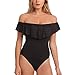 Womens Cute Solids Ruffle Off Bodysuits Shoulder One Piece Swimsuit Black S