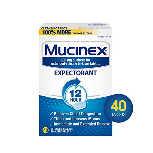 Chest Congestion, Mucinex Expectorant 12 Hour Extended Release Tablets, 40ct, 600 mg Guaifenesin with Extended Relief of Chest Congestion Caused by Excess Mucus. Thins and Loosens Mucus
