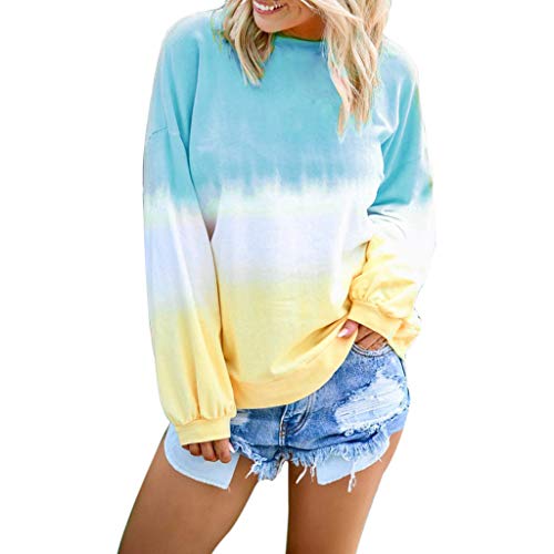 Rakkiss Women Pullover Sweatshirts Casual O Neck Long Sleeve Tops Patchwork T-Shirt Plus Size Loose Gradient Blouse Light Blue