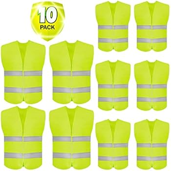10 Pack High Visibility Safety Vest for Traffic Work, Running, Surveyor and Security Guard - Construction Vest with 2 Reflective Strips, Made from Breathable and Neon Yellow Mesh Fabric