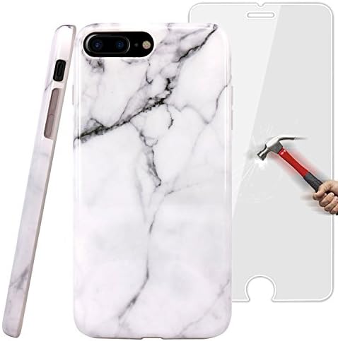 BWISH iPhone 8 Plus Case,White Marble Design Durable Slim Shockproof Flexible Smooth TPU Soft Case Rubber Silicone Skin Cover Tempered Glass Screen Protector for Apple iPhone 7 Plus 2016 iPhone 8 2017