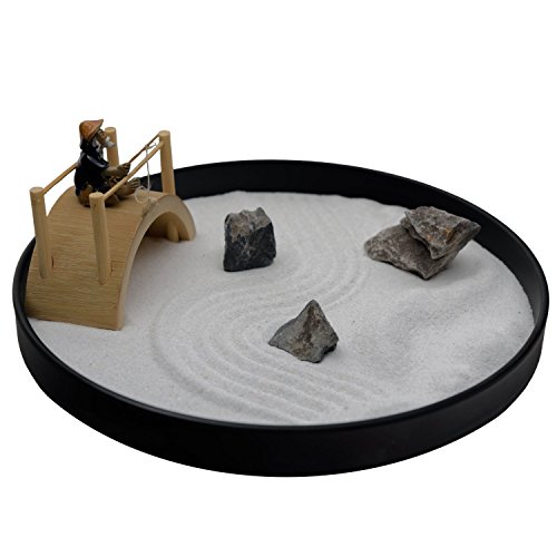ICNBUYS Mini Zen Garden Bridge Fisher Man Set Table Top Office and Home Decoration with Free Rake and Pushing Sand Pen Base Tray Diameter 9.4 inches - Thumbnail 3