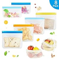 Resusable Storage Bags - Reusable Ziplock Bags, PEVA Leakproof Reusable Sandwich Bags, FDA Grade BPA FREE Reusable Snack Bags, Reusable Lunch Bag for Food Storage (8 Pack(2 M+4L+2 Produce bags))