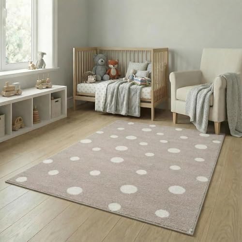 Jimri Kinderteppich DOTS l Pünktchen Gepunktet l Öko-Tex Siegel | Farbe: Beige Blau Rosa | Kinderzimmer/Jugendzimmer (Beige, 120 x 170 cm)