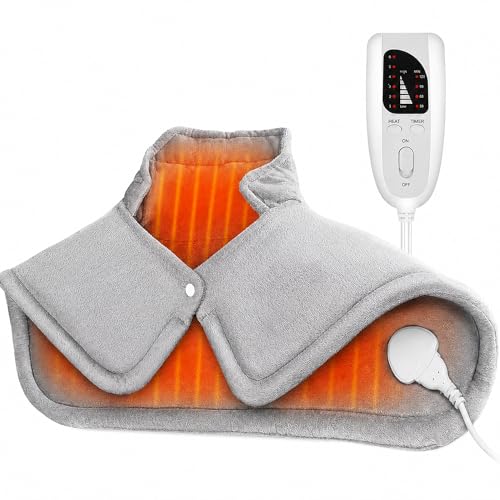 CoreBazz Electric Heating Pad for Neck and Shoulder with 6 Heating & 4 Timer Settings,Fast Heating Large Size Heated Wrap with Auto Shut Off & Machine Washable (Silver Gray, 58x42 cm)