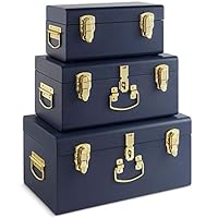 Beautify Set of 3 Navy Blue Vintage Metal Steel Storage Trunk Set Lockable and Decorative with Brass Handles - Bedroom Footlocker, College Dorm or Living Room Trunks