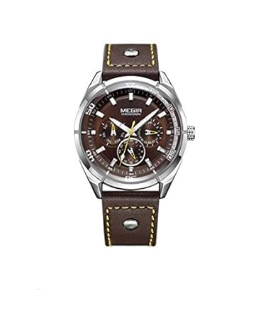 Gmarks Megir Elegant Design Analog Chronograph Sports Series Genuine Leather Strap Watch -2072