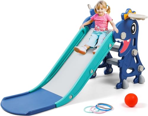 Cenxi Indoor Slide For Toddlers 1-3, Foldable Kids Toddler Playset, And Outdoor Playground, Climber Playset With Basketball Hoop Ring Toss (Blue)