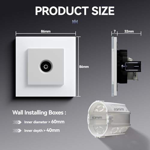 BSEED TV Plug with Glass, Wall Plug with Hook,E-Series,TV Socket,86 mm White