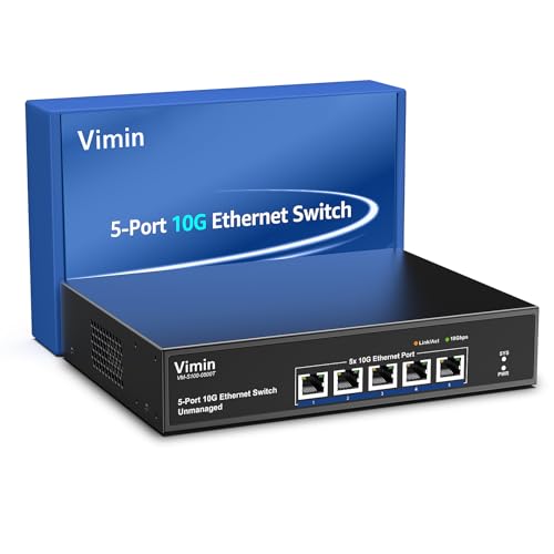 VIMIN 10G 5 Port Unmanaged Ethernet Switch, 10Gbe Network Switch Supports 100M/1000M/2.5G/5G/10G Automatic Speed Negotiation, for 100Gbps Capacity
