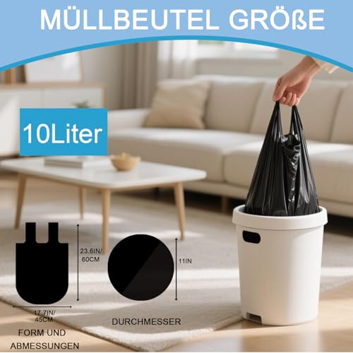 XIYOO Small Bin Liners 10 L with Carry Handle Pack of 100 Black Bin Bags Tear-Resistant Bin Bags Drawstring Rubbish Bags