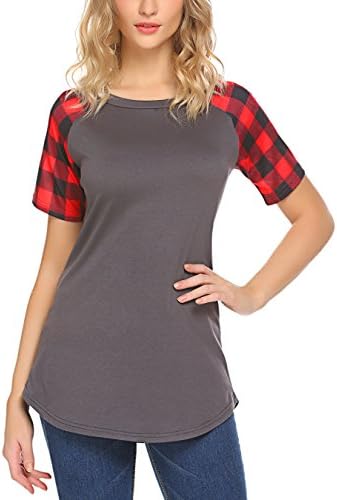 JQstar Plaid Raglan Color Block Checkered Patterns Gingham Top Blouse For Womens(Red,S)