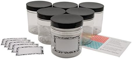Clear 8 oz PET Plastic Round Jars with Black Lids, with Labels, 6 pack (C8BL6)