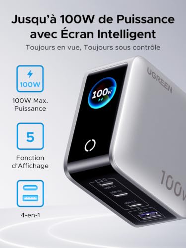 UGREEN Nexode Pro 100W Chargeur Rapide USB C 4 Ports avec Écran Intelligent GaN Compatible avec iPhone 17 Pro Max Air 16 15 14 13 Galaxy S26 S25 S24 Pixel 10 9 iPad MacBook Neo Air Pro M5 M4 M3 M2 M1