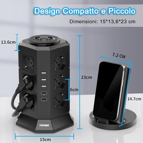 TOPREK Vertical Power Strip with 12 Universal Sockets ITA 10/16A and Schuko and 2 USB C (20W PD3.0 Quick Charge) and 3 USB A, Overvoltage Protection, 4000W/16A, 2 Switches, 2 M Cable, 16A Plug