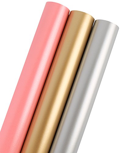 LaRibbons Gift Wrapping Paper - 25 sq ft. - Solid Matte Pink/Silve/Golden - Sold 3Pcs