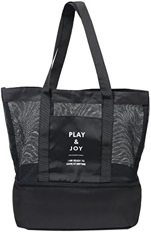 Mesh Beach Bag, Phroboxl Large Mesh Beach / Shopping Tote Bags with Bottom Cooler Bag for Beach, Pool, Picnic Even Theme Parks (Black)