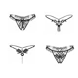 SELORY Women's Crotchless Lace Panties Pearls G-Strings Underwear Thong Lingerie T-Back Pack of 4