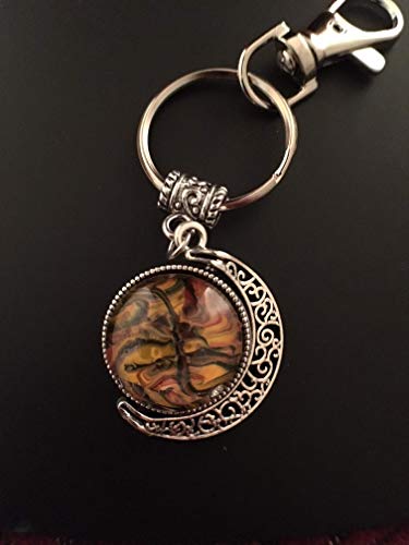 Double Crescent Moon Rotating Silver Key-Chain One of a Kind Acrylic Pouring Fluid Art Abstract Key-Ring Cabochon (18mm) Orange, Gold, Carolina Blue and White/ Lime Green, Yellow, Black and Red #12