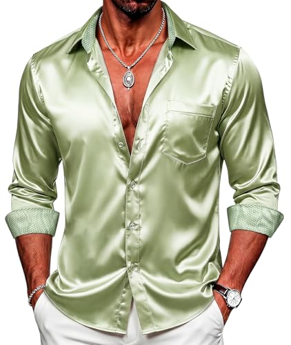 DiBanGu Men's Satin Long Sleeve Button Down Shirts, Sage Green, Medium at Amazon