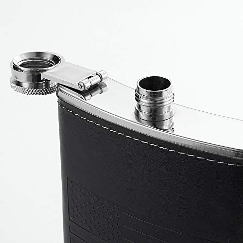 YWQ Stainless Steel American Flag Flask, Soft Touch Cover Liquor Flasks 8oz | Leak Proof Black PU Leather Heavy Duty Hip Set, Includes Funnel - Thumbnail 7