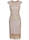 VIJIV Womens 1920s Elegant Dresses with Sleeves Beaded Great Gatsby Flapper Dress for Party Beige Pink,Large