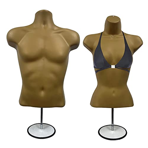 DisplayTown Male and Female Mannequin Torso with Metal Stand Hollow Back Body Stackable Dress Form for Tshirt Display, Countertop, Craft Shows, S-M Size (Bronze, Set of 1)