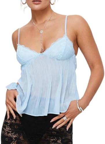 Women Sexy Y2k Frill Trim Camisole Lace V Neck Crop Top Ruffle