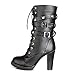 Mostrin Women Motorcycle High Heels Punk Buckle Rivet Strap Combat Military Mid Calf Boots Black